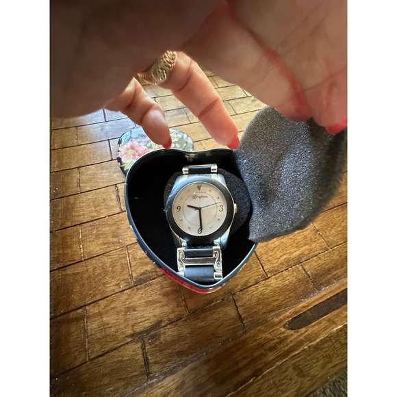 Brighton Accessories - Brighton Silver Tone Black Link Watch Scroll Engraved Heart Tin Floral Box EUC